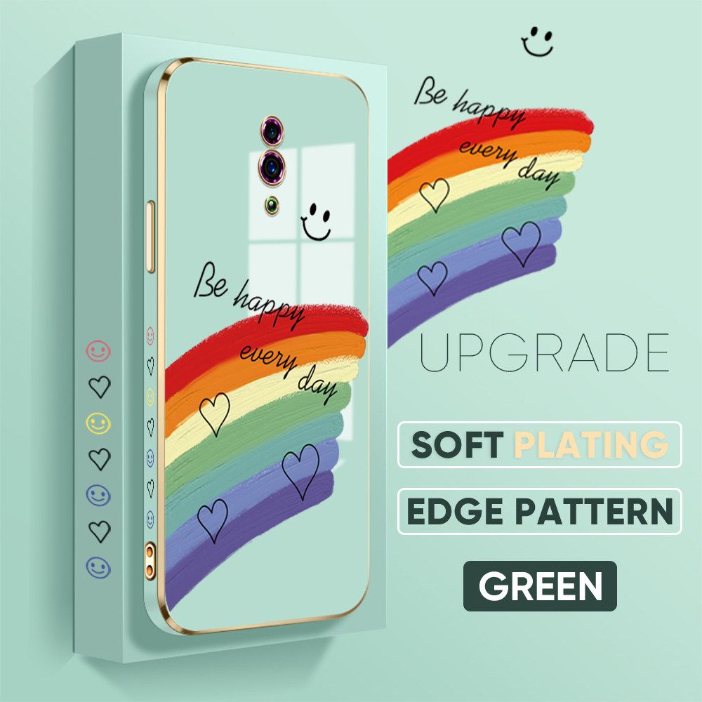 TA for OPPO Reno Back Cover + Free Lanyard Rainbow Doodle Luxury 6D Plating Case Side Pattern Soft Silicone Square Phone Cases