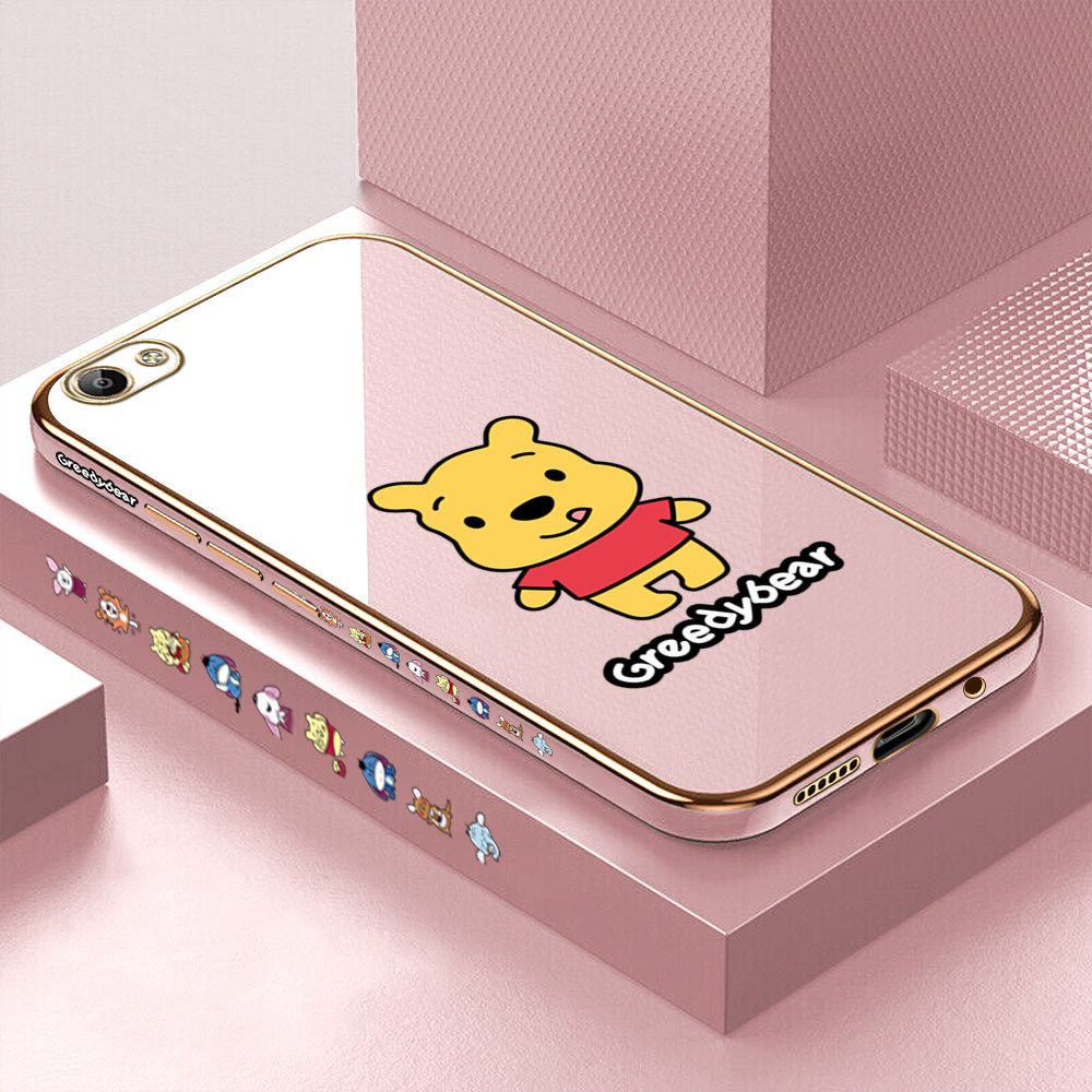 Luxury 6D Plating Case for Vivo Y65 Squirming Little Sweet Bear Side Pattern Back Cover Soft Silicone Square Frame Shiny Bling Phone Cases + Free Lanyard