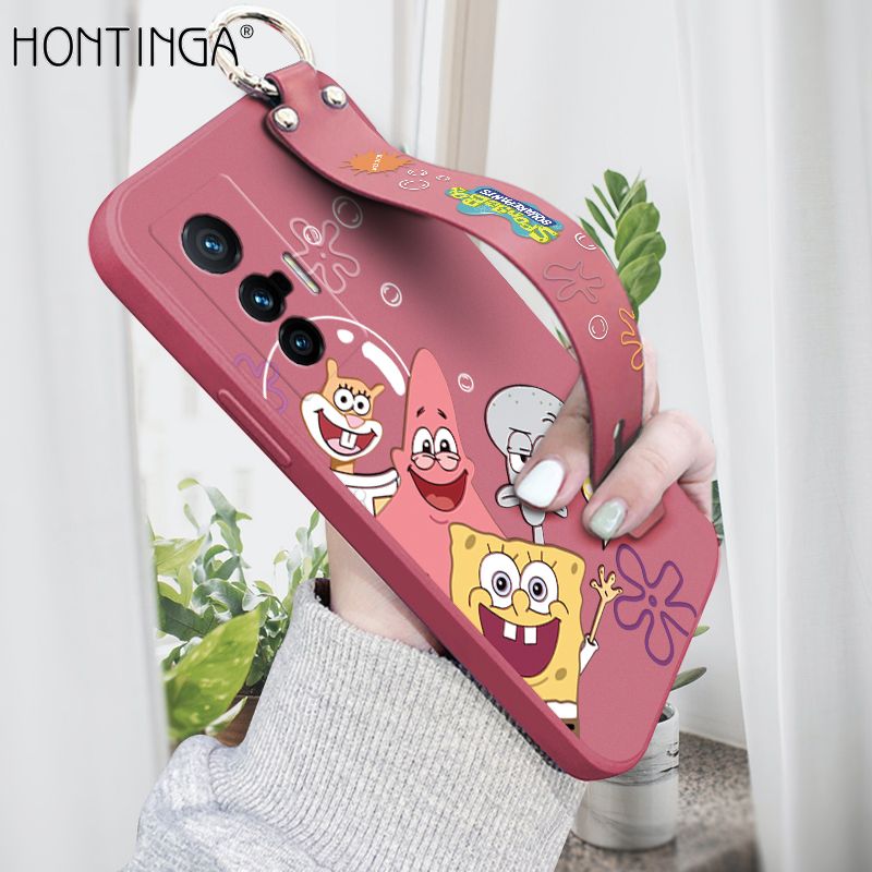 Hontinga for Vivo X70 5G Wrist Strap Case Cute Funny Cartoon Sponge for Square Pants Cover Trend Square Printed Pattern Liquid Silicone Phone Case