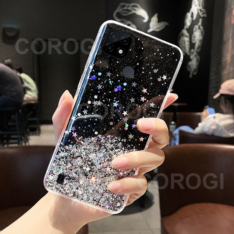 For Realme C25Y / Realme C21Y Cover Fashion Shiny Glitter Starry Space Girls Slim Phone Case Clear Soft TPU Silicone Bumper Shockproof Protective Back Cover