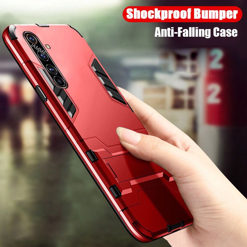 For Realme 6 Pro Cover Shockproof Hybrid Armor Stand Holder Design Phone Case Hard Plastic Soft TPU Silicone Bumper Protective Back Cover