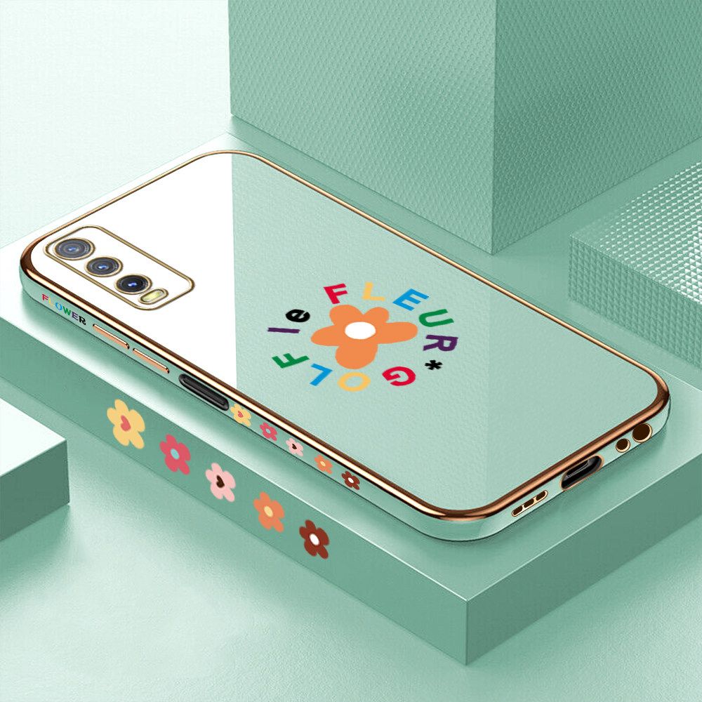 Luxury 6D Plating Case for Vivo Y12S Cartoon Flower Side Pattern Back Cover Soft Silicone Square Frame Shiny Bling Phone Cases + Free Lanyard