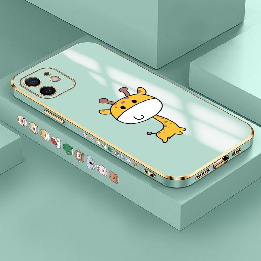 Jizetin (Free Lanyard) iPhone 12 Case Cute Cartoon Big Head Giraffe Luxury 6D Plating Soft Casing Silicone Ultra Thin Phone Cover