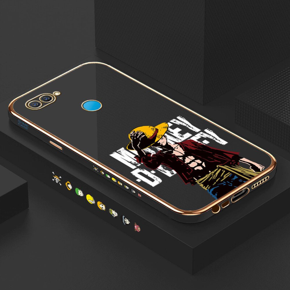 Luxury 6D Plating Case for OPPO A7 Anime Cartoon Cool Luffy Side Pattern Back Cover Soft Silicone Square Frame Shiny Bling Phone Cases + Free Lanyard