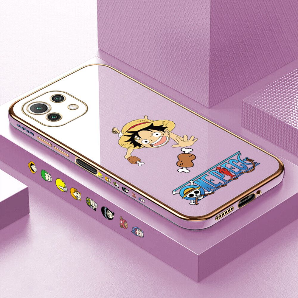 Luxury 6D Plating Case for Xiaomi 11 Lite 5G NE Gluttonous Cartoon Luffy Side Pattern Back Cover Soft Silicone Square Frame Shiny Bling Phone Cases + Free Lanyard