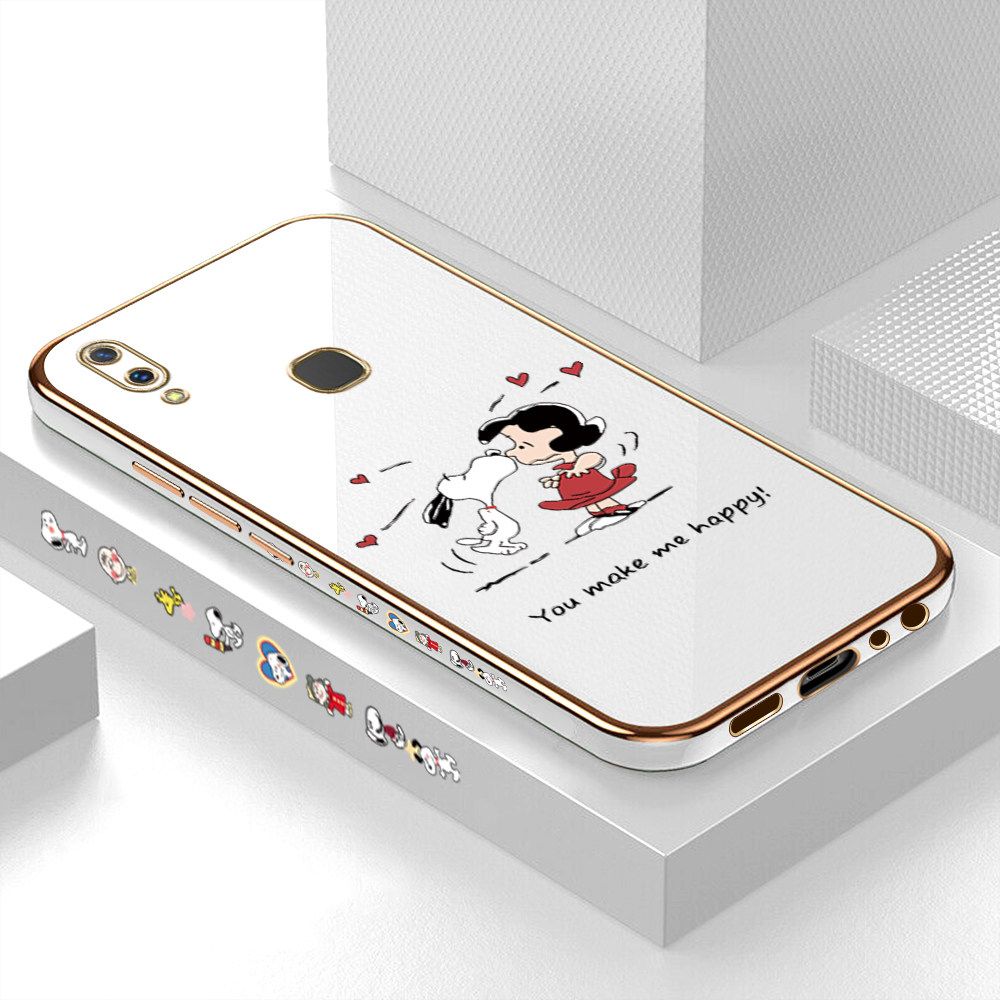 Luxury 6D Plating Case for Vivo Y85 Happy Cartoon Puppy Side Pattern Back Cover Soft Silicone Square Frame Shiny Bling Phone Cases + Free Lanyard