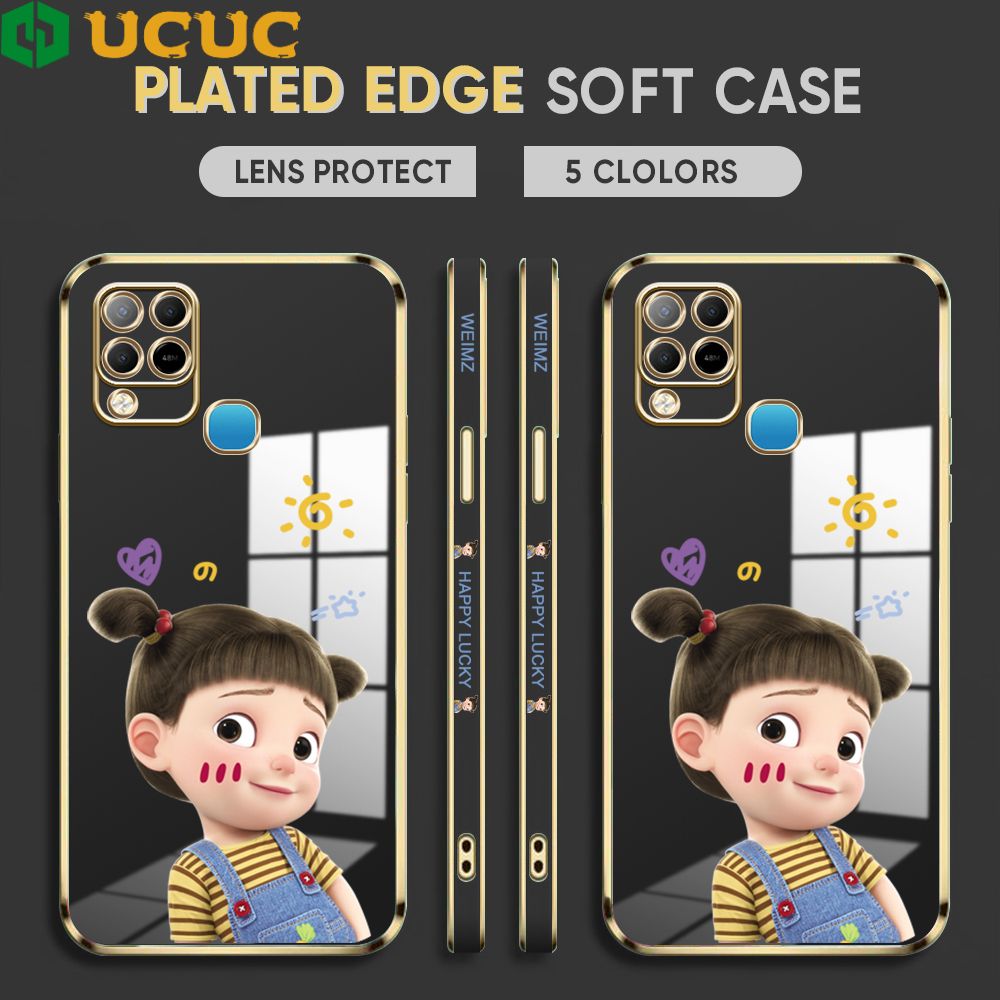 UCUC for Infinix Hot 10S / Hot 10S NFC Back Cover + Free Lanyard Lovely Girl Luxury 6D Plating Case Side Pattern Soft Silicone Square Phone Cases
