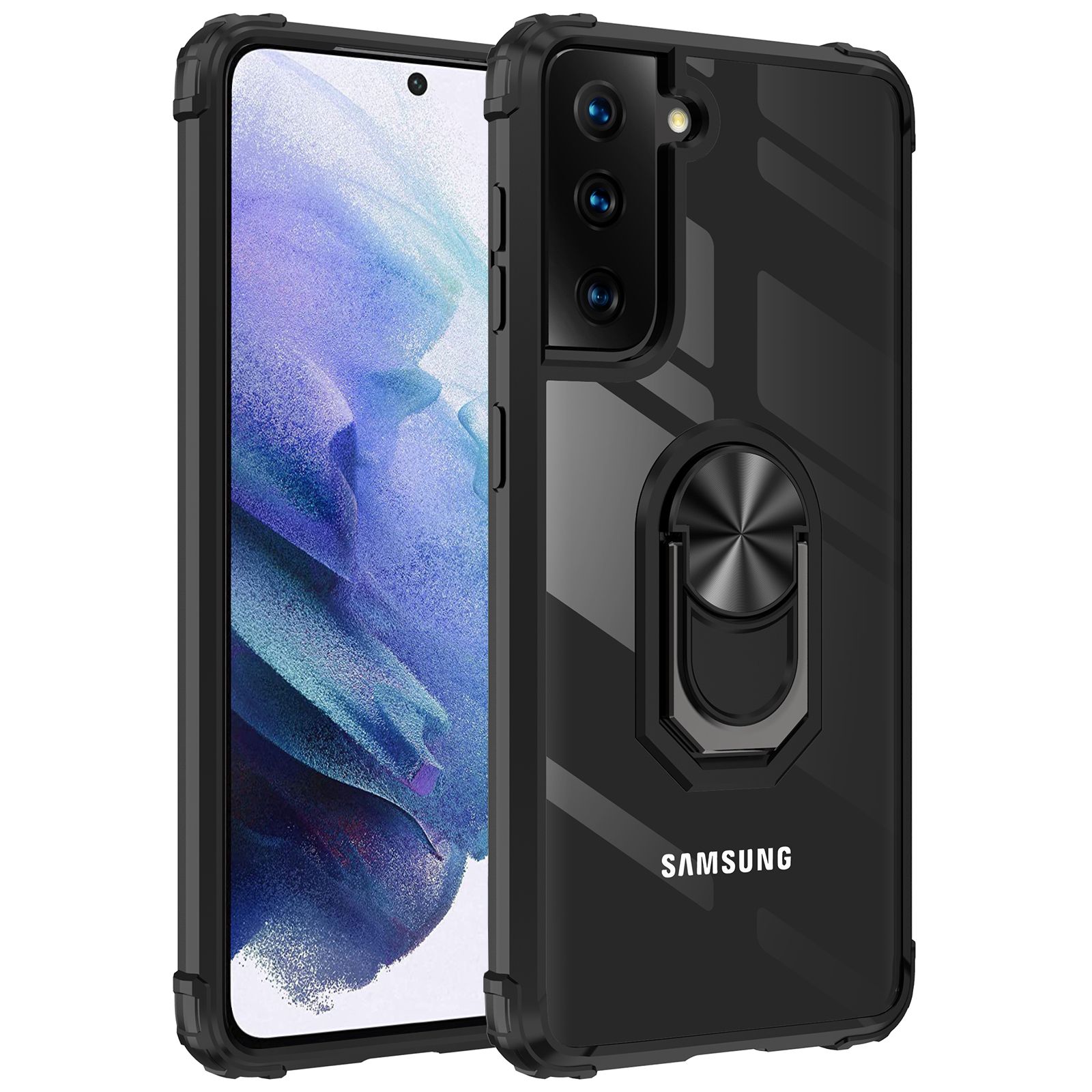 For Samsung Galaxy S21 Plus 5G Hybrid Case with Ring Holder Stand Transparent Acrylic Hard Back Gel TPU Bumper Rugged Shockproof Protective Cover
