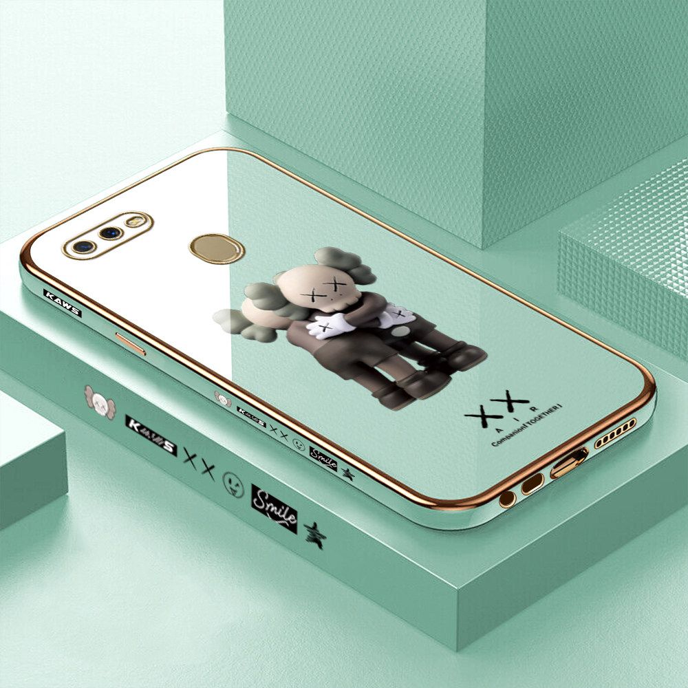 Luxury 6D Plating Case for OPPO A5S Embrace Cartoon Bear Side Pattern Back Cover Soft Silicone Square Frame Shiny Bling Phone Cases + Free Lanyard