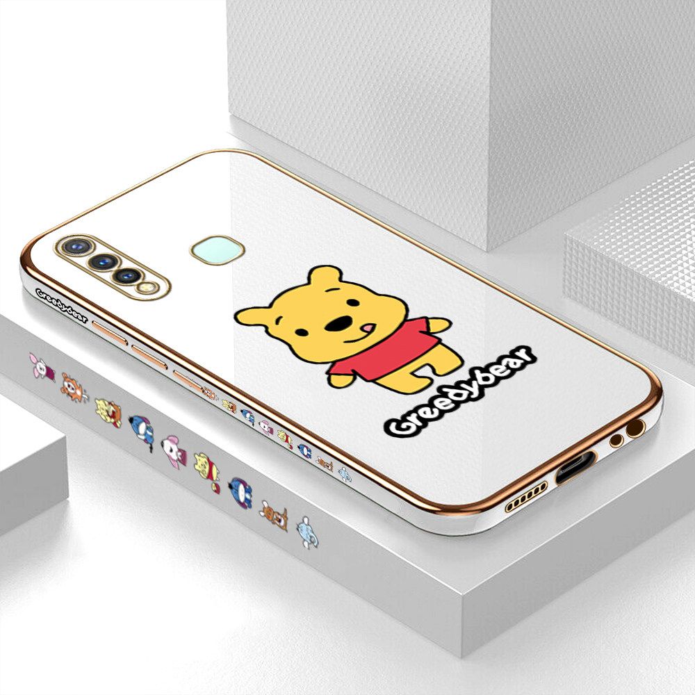 Luxury 6D Plating Case for Vivo Y19 Squirming Little Sweet Bear Side Pattern Back Cover Soft Silicone Square Frame Shiny Bling Phone Cases + Free Lanyard