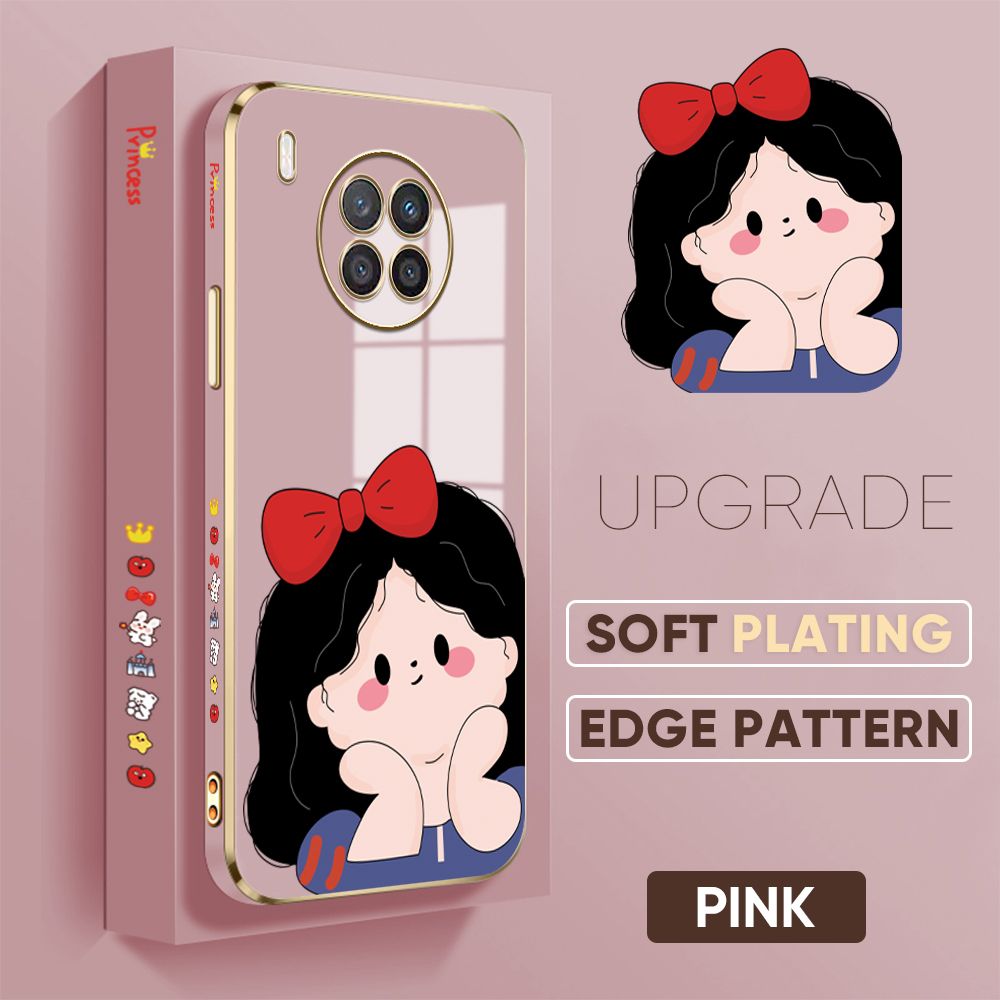 Jizetin (Free Lanyard) Honor 50 Lite / Huawei Nova 8i Back Cover Cute Princess Luxury 6D Plating Case Side Pattern Soft Silicone Square Phone Cases