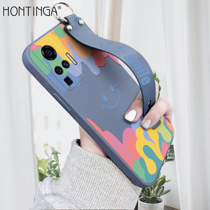 Hontinga for Vivo X50 Pro 5G Wrist Strap Case Soft Candy Color Splash Ink Cover Trend Square Printed Pattern Liquid Silicone Phone Case