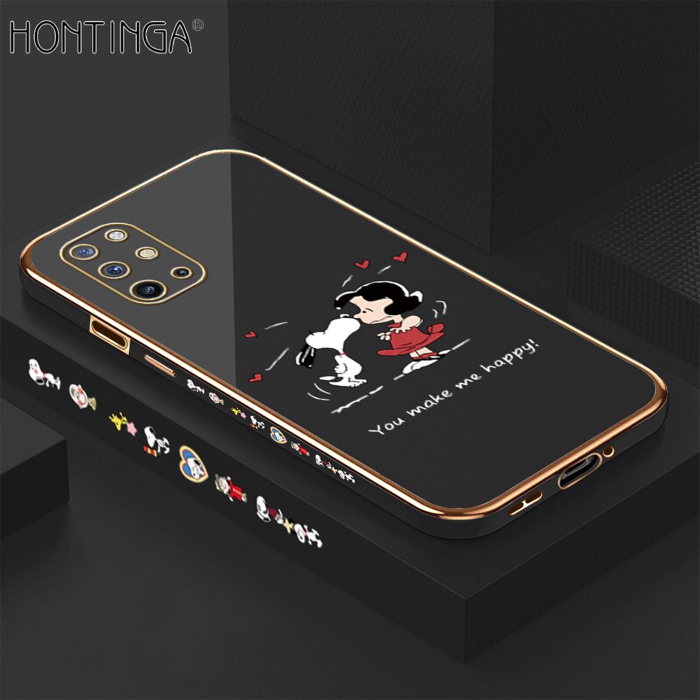 Hontinga for OnePlus 8T Back Cover + Free Lanyard Luxury 6D Plating Happy Puppy and Girl Side Pattern Case Soft Silicone Square Mobile Cover