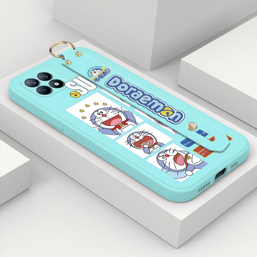 ZeroQiQi for OPPO Reno4 SE 5G Wrist Strap Case Cute Cute Cartoon Blue Cat Daily Life Cover Square Edge Liquid Silicone Creative Phone Protective Cases