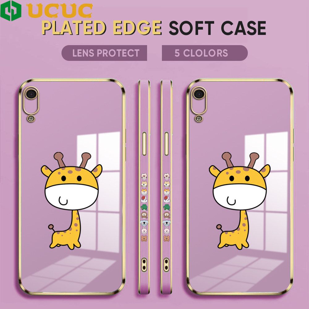 UCUC for Honor Y6 Pro 2019 / 8A Back Cover + Free Lanyard Big Head Giraffe Luxury 6D Plating Case Side Pattern Soft Silicone Square Phone Cases