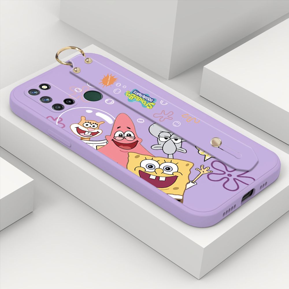 ZeroQiQi for Realme C17 Wrist Strap Case Cute Cute Funny Cartoon Sponge for Square Pants Cover Square Edge Liquid Silicone Anti-drop Phone Case