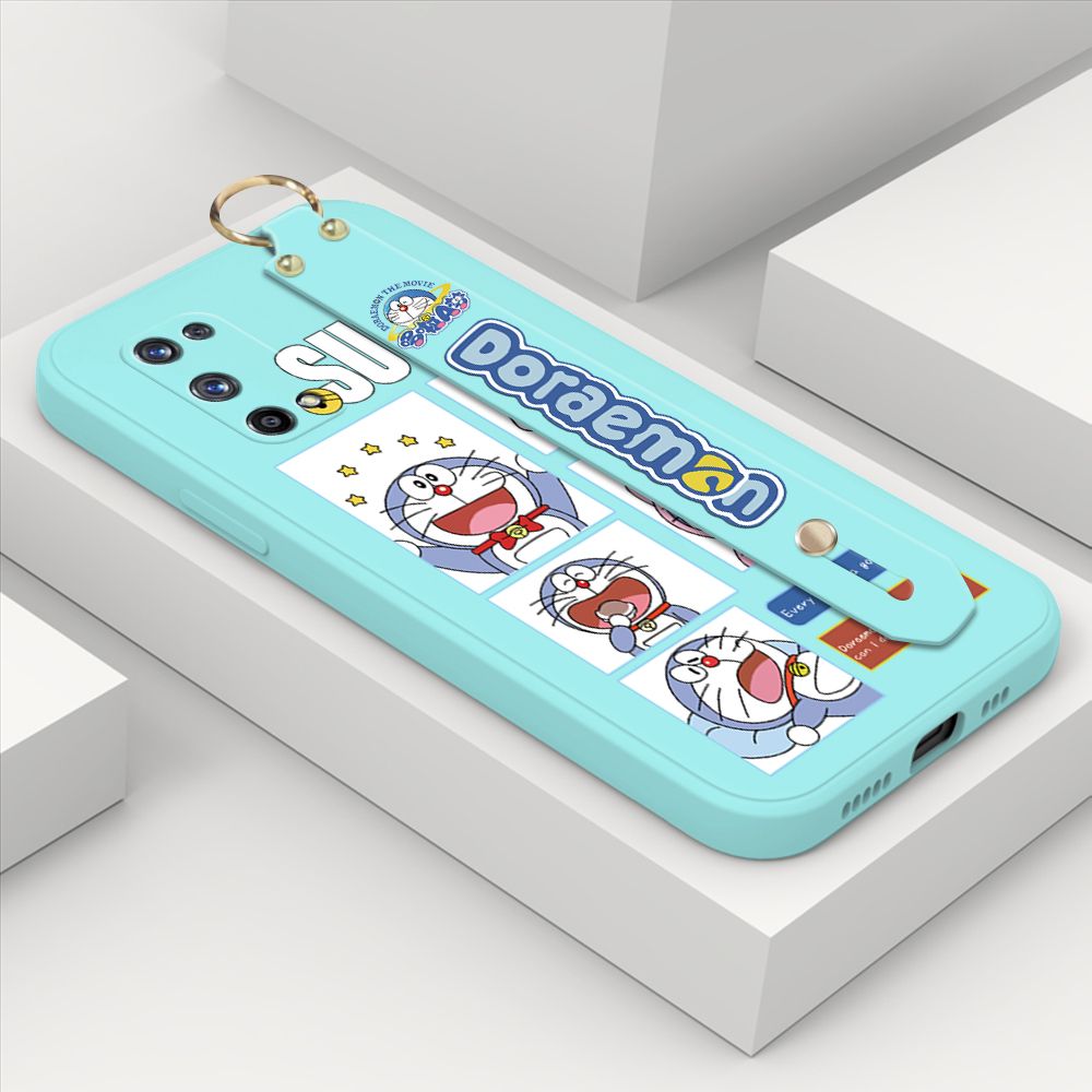 Hontinga for Realme X7 Pro Wrist Strap Case Cute Cute Cartoon Blue Cat Daily Life Cover Square Edge Liquid Silicone Creative Phone Protective Cases