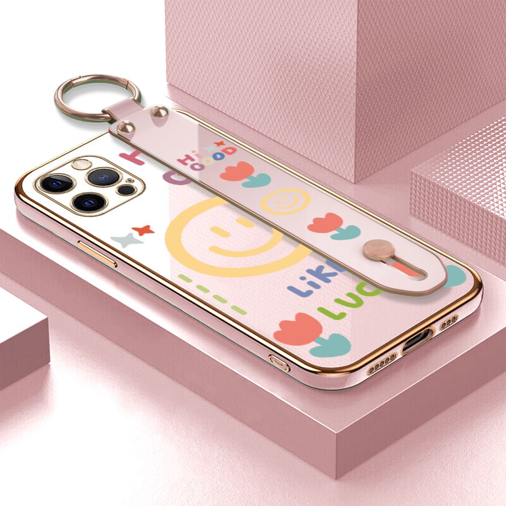 ZeroQiQi for iPhone 12 Pro Max Wrist Strap Back Cover Flower Smiley Fashion Luxury 6D Plating Soft Casing Silicone Square Frame Phone Case