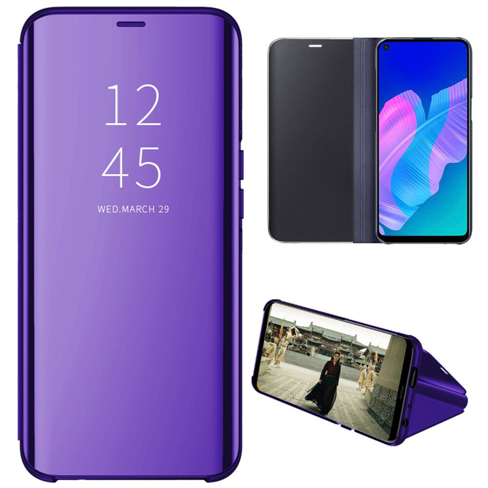 For Huawei Y7P Mirror Plating Hard PC -PU Leather Translucent Standing View Case Cover