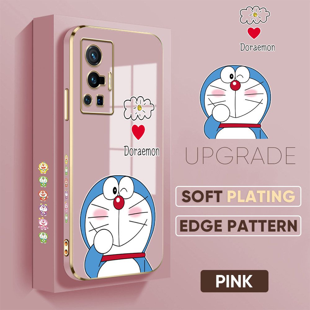 UCUC for Vivo X70 Pro 5G Back Cover + Free Lanyard Sneak Doraemon Luxury 6D Plating Case Side Pattern Soft Silicone Square Phone Cases