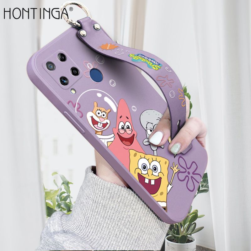Hontinga for Realme C15 Wrist Strap Case Cute Cute Funny Cartoon Sponge for Square Pants Cover Square Edge Liquid Silicone Anti-drop Phone Case