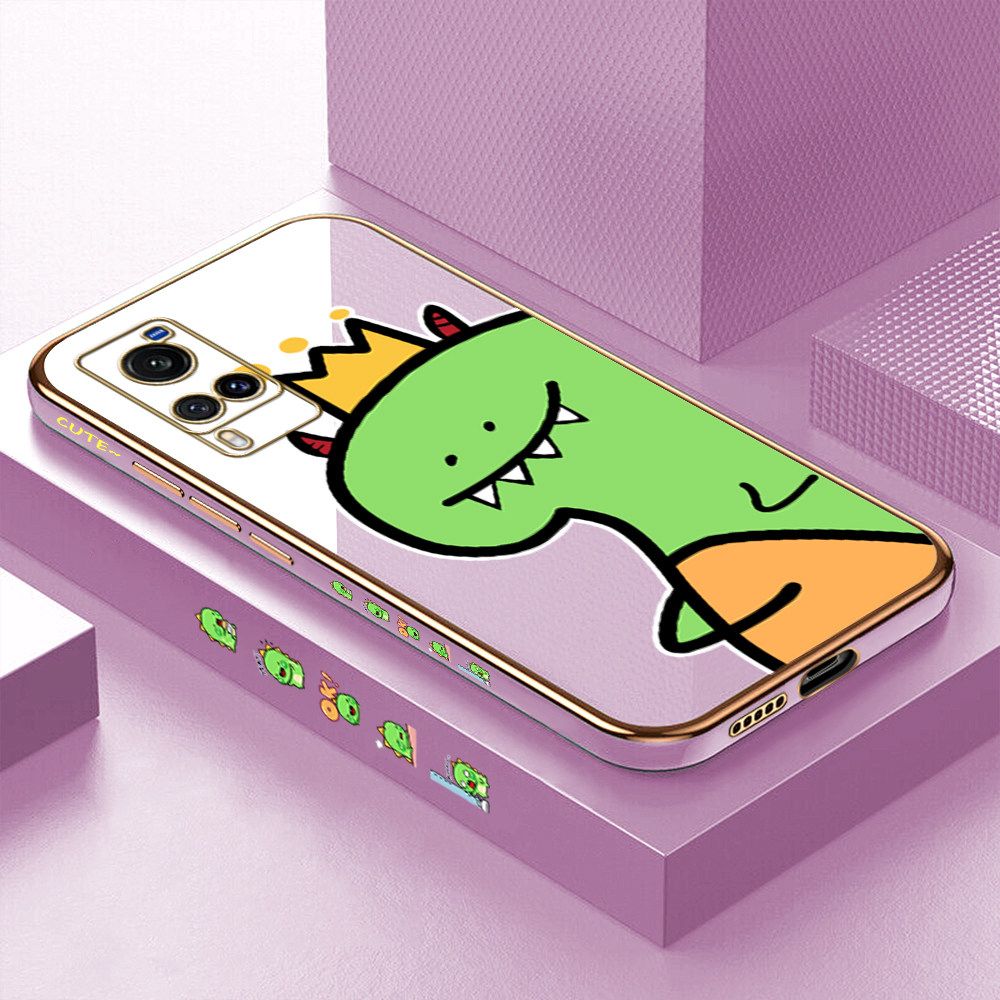Luxury 6D Plating Case for Vivo X60 Cute Little Dinosaur Side Pattern Back Cover Soft Silicone Square Frame Shiny Bling Phone Cases + Free Lanyard