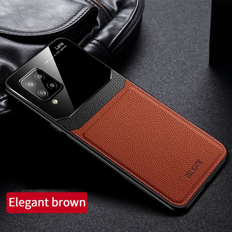 For Samsung Galaxy A42 5G Business Slim Hybrid Leather TPU Bumper Glass Lens Protective Case Cover