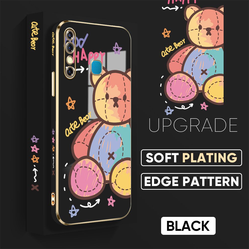 Jizetin (Free Lanyard) Infinix Hot 8 Hot 8 Pro Back Cover Color Bear Luxury 6D Plating Case Side Pattern Soft Silicone Square Phone Cases