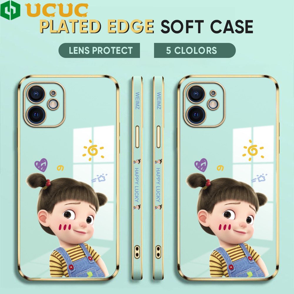 UCUC for iPhone 11 Back Cover + Free Lanyard Lovely Girl Luxury 6D Plating Case Side Pattern Soft Silicone Square Phone Cases
