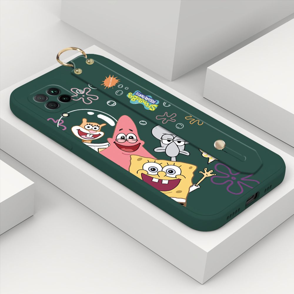 ZeroQiQi for Huawei Nova 7i Wrist Strap Case Cute Cute Funny Cartoon Sponge for Square Pants Cover Square Edge Liquid Silicone Anti-drop Phone Case