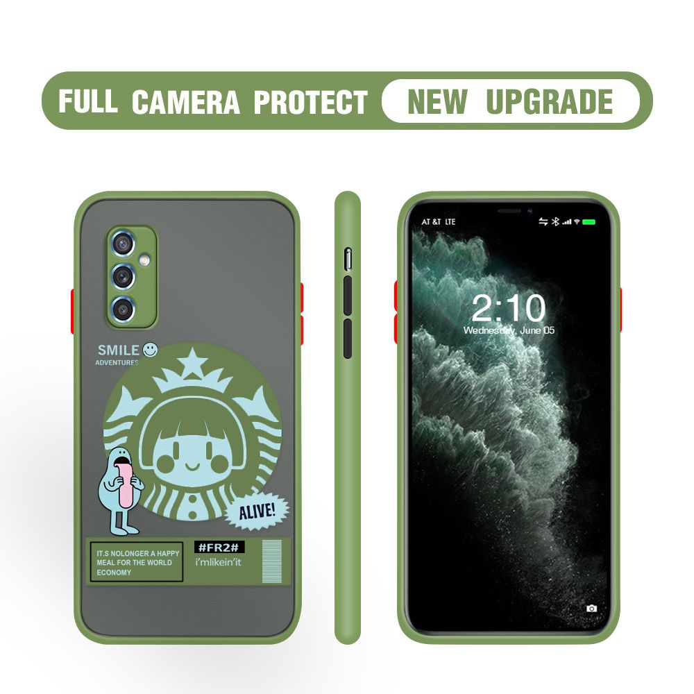 Hontinga for Samsung M52 5G Case Cute Coffee Girl Camera Shockproof Protection Casing Edge Frosted Transparent Phone Cover