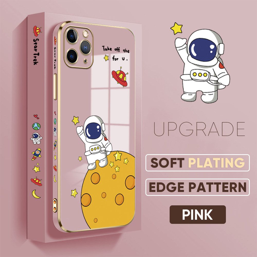 TA for iPhone 11 Pro Back Cover + Free Lanyard Planet Astronaut Luxury 6D Plating Case Side Pattern Soft Silicone Square Phone Cases