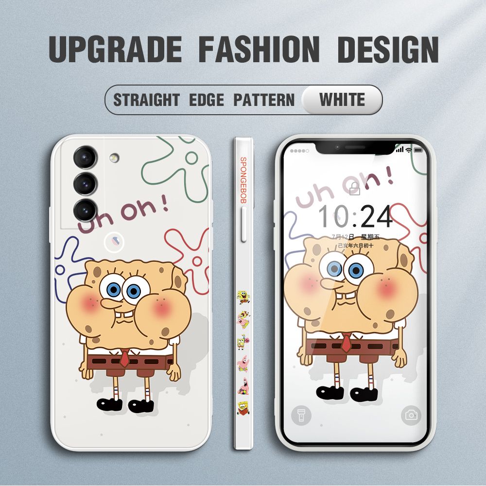 Jizetin for Samsung Galaxy S21 Plus 5G Case Side Design Phone Cover New Cartoon SpongeBob SquarePants Cover Square Edge Pattern Liquid Silicone Trend Case