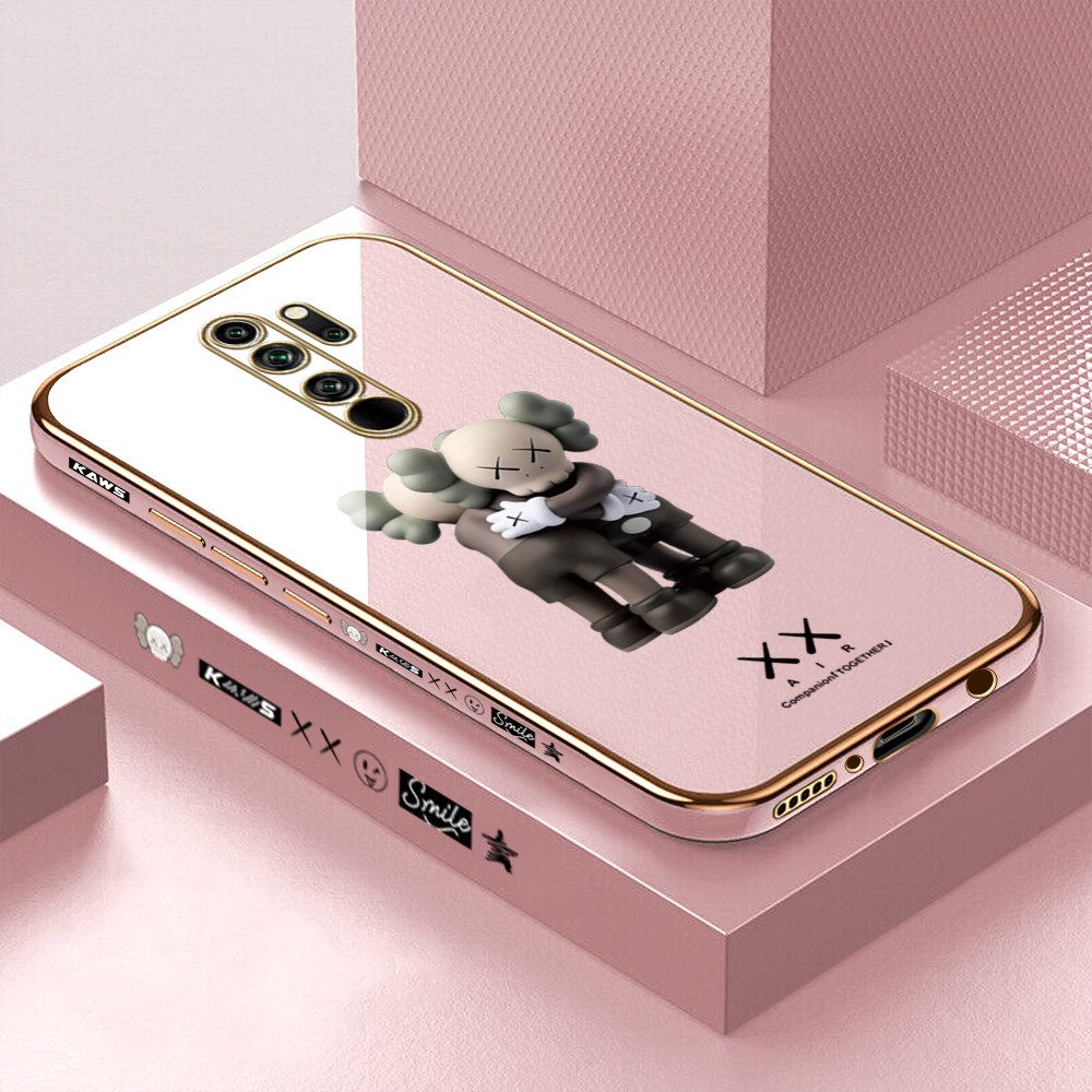 Luxury 6D Plating Case for Redmi Note 8 Pro Embrace Cartoon Bear Side Pattern Back Cover Soft Silicone Square Frame Shiny Bling Phone Cases + Free Lanyard