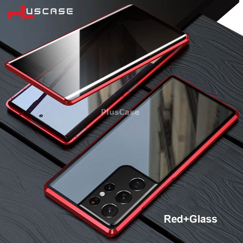 Pluscase for Samsung Galaxy S21 Ultra 5G Magnetic Metal Case Tempered Glass Cover Screen Protect