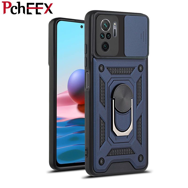 For Xiaomi Redmi Note 10 4G / Note 10s Phone Case, Military-Grade Push Window Cover Ring Stand Hard Anti-Fall Casing