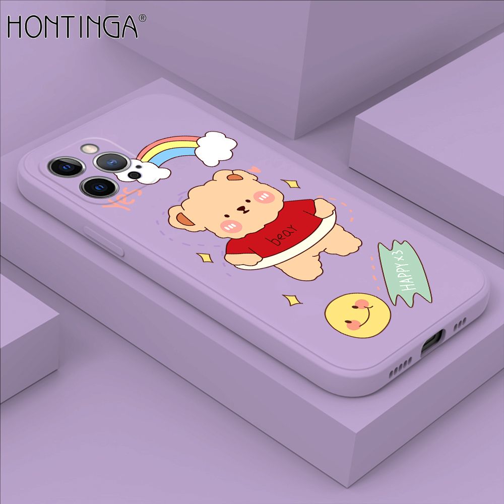 Hontinga for iPhone 12 Pro Case Lovely Cartoon Bear Phone Case Phone Case Soft Square Edge Silicone Cases Full Lens Cover Shockproof Protection Cover