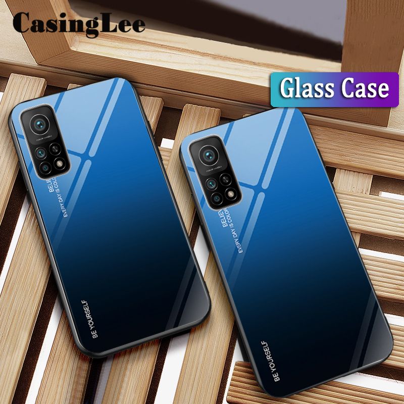 Casinglee For Mi 10T case Gradient Tempered Glass Protector Phone case for Xiaomi Mi 10T Phone Case Cover