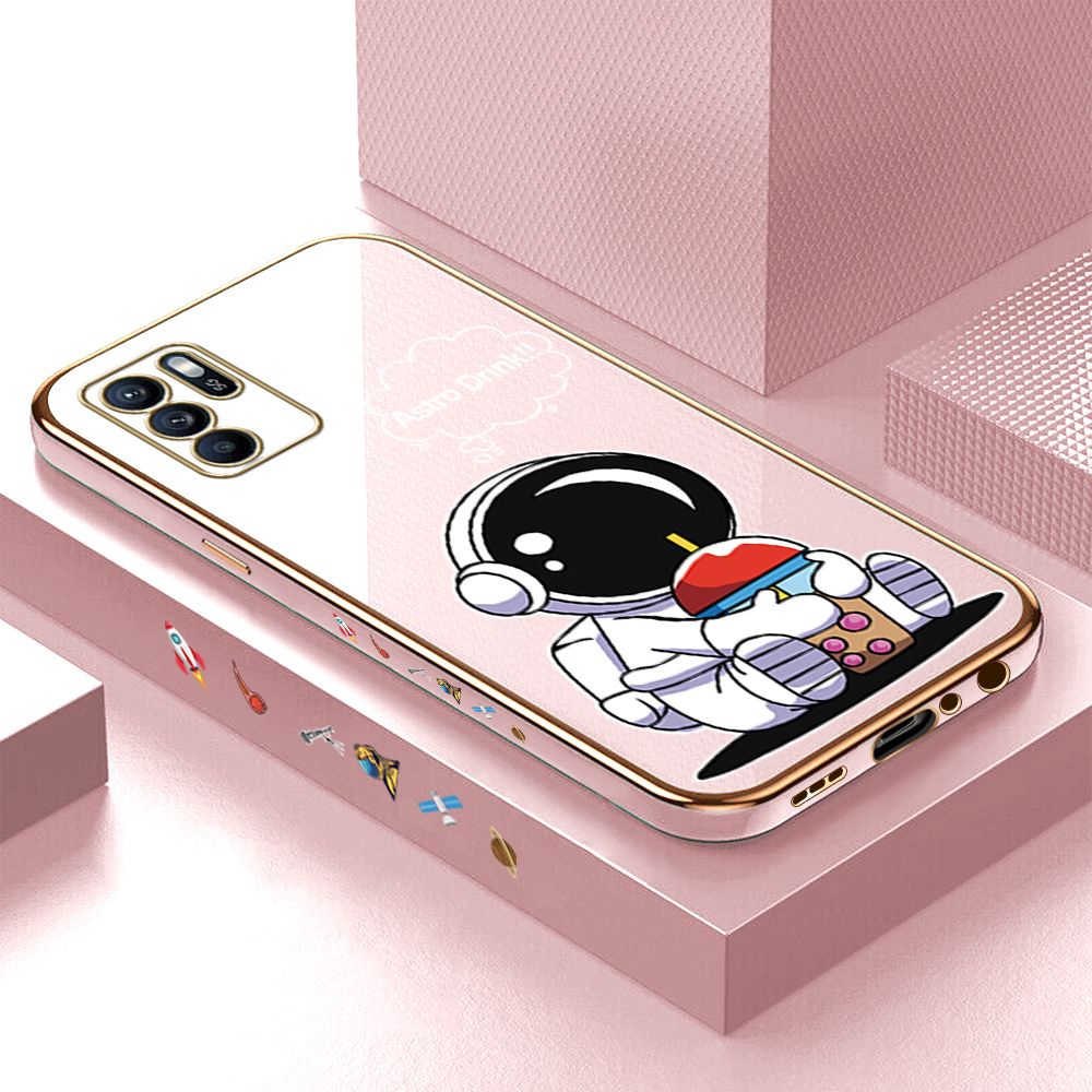 Luxury 6D Plating Case for OPPO Reno6 Z 5G Cute Cartoon Happy Astronaut Side Pattern Back Cover Soft Silicone Square Phone Cases + Free Lanyard