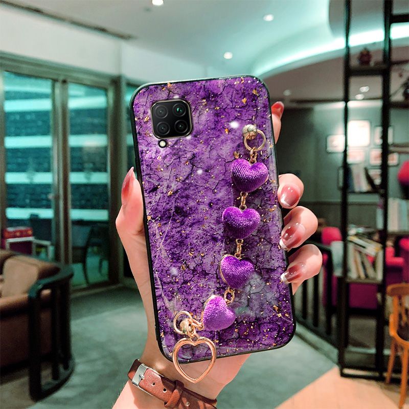For Samsung Galaxy A12 Back Cover with Love Heart Wristband Chain Fashion Bracelet Marble Glitter Case Soft Silicone Bumper Protective Mobile Phone Cases