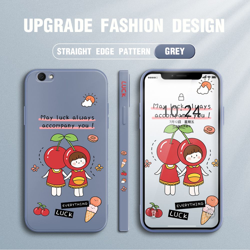 Jizetin for Vivo Y67 / V5 / V5S / V5 Lite Case Fashion Cherry Girl Design Side Design Phone Case Square Edge Pattern Liquid Silicone Cases Full Cover Camera Shockproof Protective Case