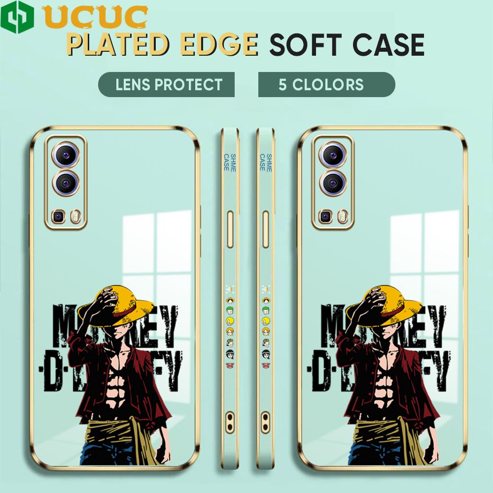 UCUC for Vivo Y72 5G Cover Holding Cap Luffy Luxury 6D Plating Soft Casing Silicone Square Frame Phone Case Shiny Bling Back Cover + Free Lanyard