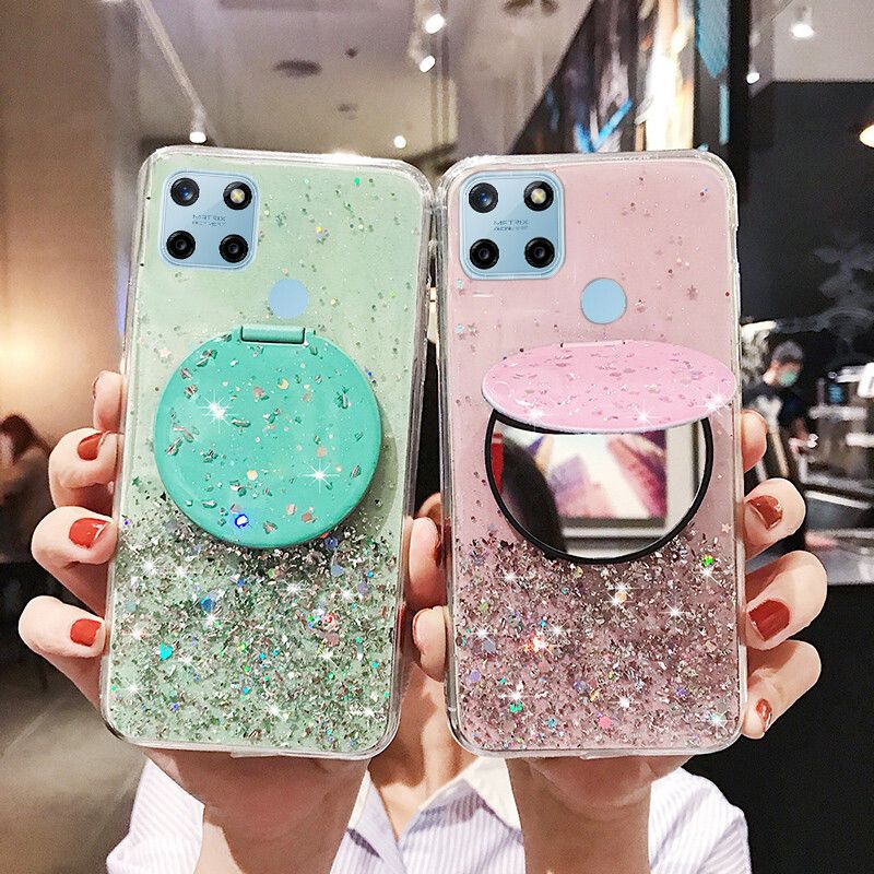 Phone case Realme C25Y Shiny Ring Case Glitter Soft Transparent Makeup Mirror Cases For Realme C25Y Back Cover Stars Moon Girls