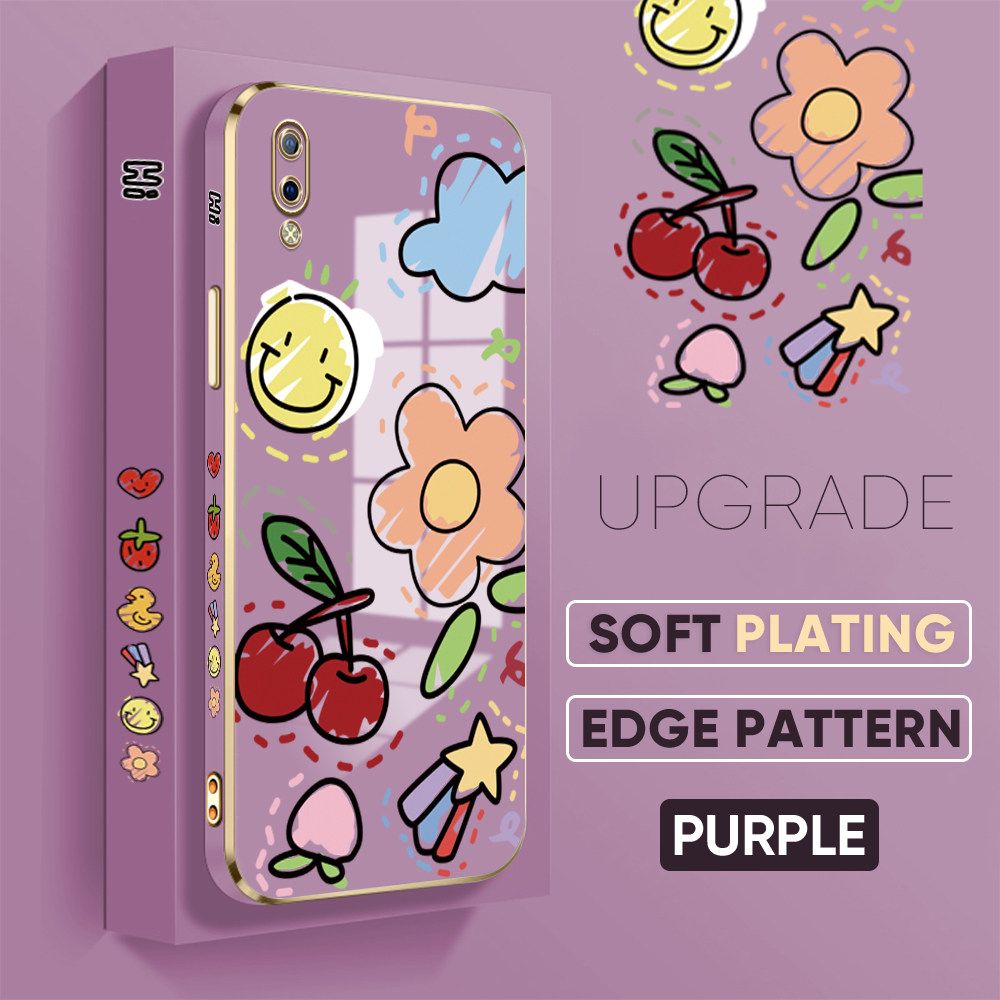 TA for Vivo Y93 Back Cover + Free Lanyard Colorful Fruit Painting Luxury 6D Plating Case Side Pattern Soft Silicone Square Phone Cases