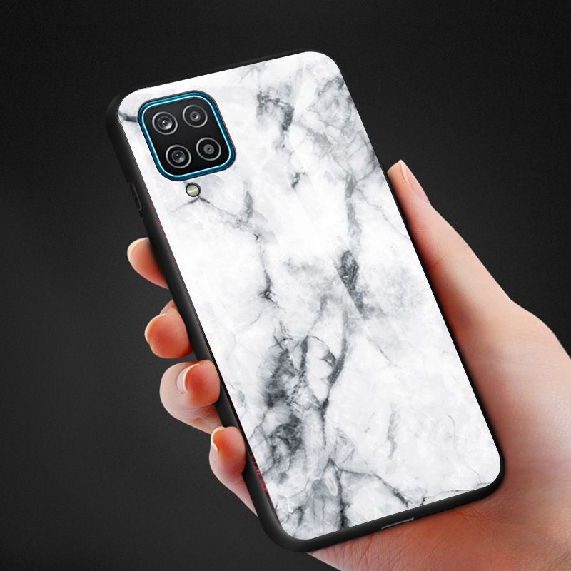 Biruiqu For Samsung Galaxy M12 A12 Shockproof Fashion Marble Tempered Glass Back Case Cover