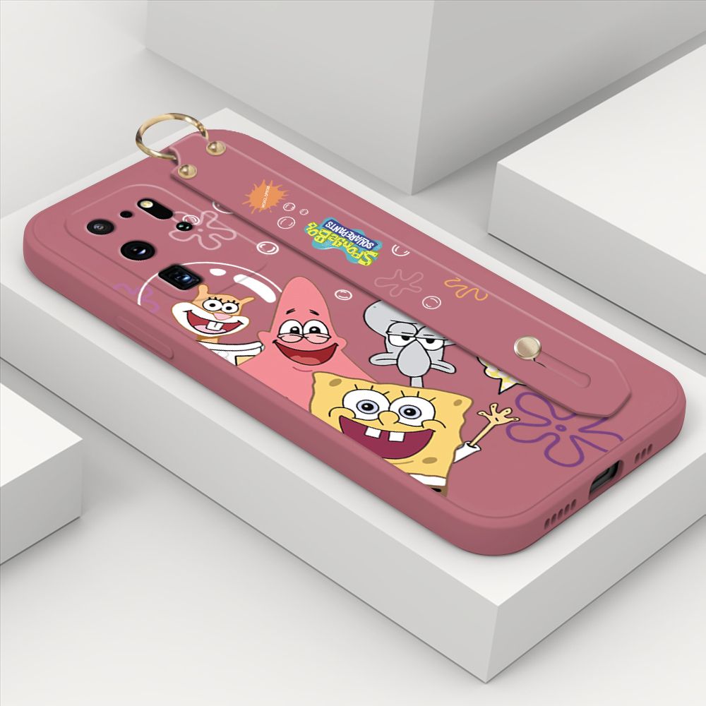 ZeroQiQi for Samsung Galaxy S20 Ultra Wrist Strap Case Cute Cute Funny Cartoon Sponge for Square Pants Cover Square Edge Liquid Silicone Anti-drop Phone Case