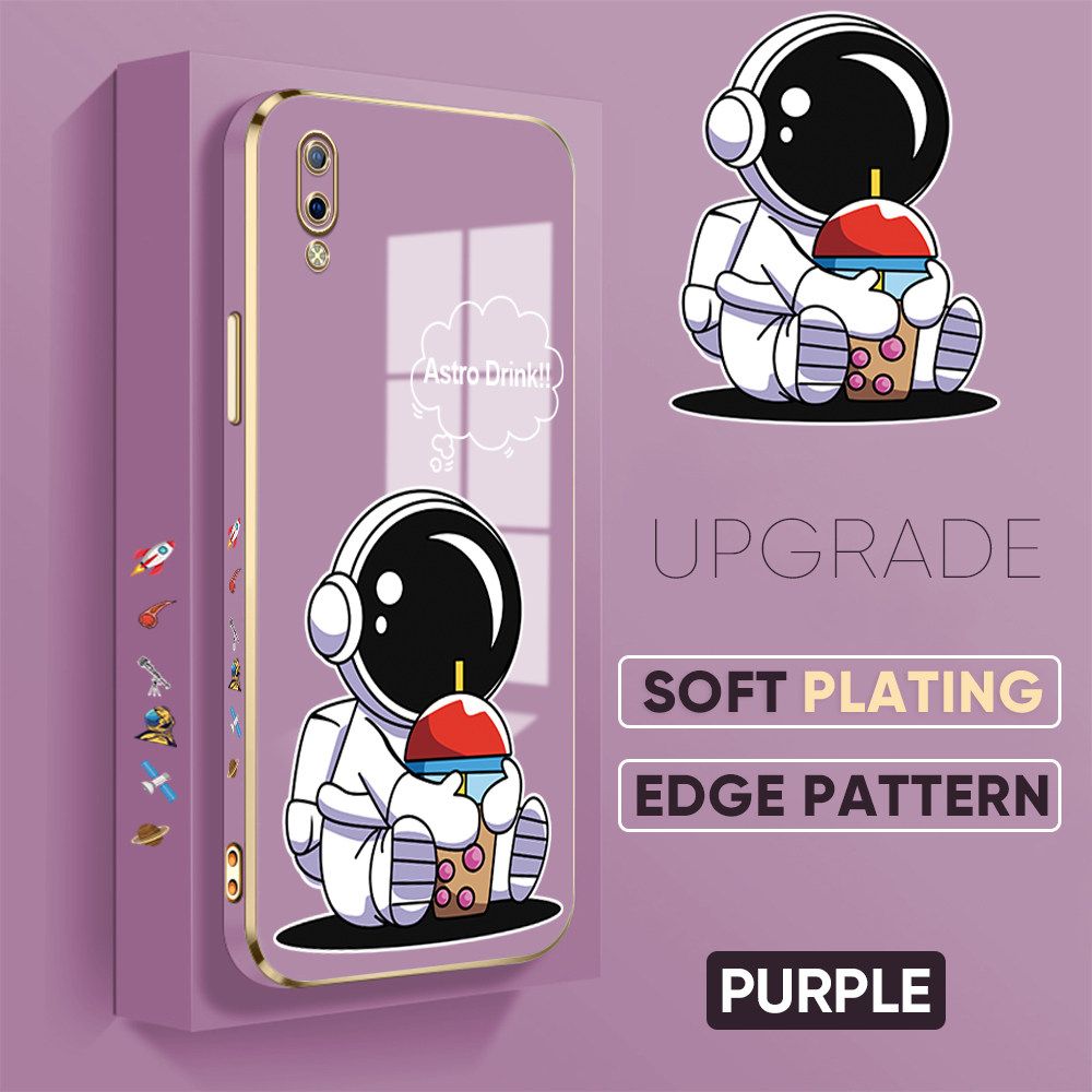 TA for Vivo Y93 Back Cover + Free Lanyard Cute Astronaut Luxury 6D Plating Case Side Pattern Soft Silicone Square Phone Cases