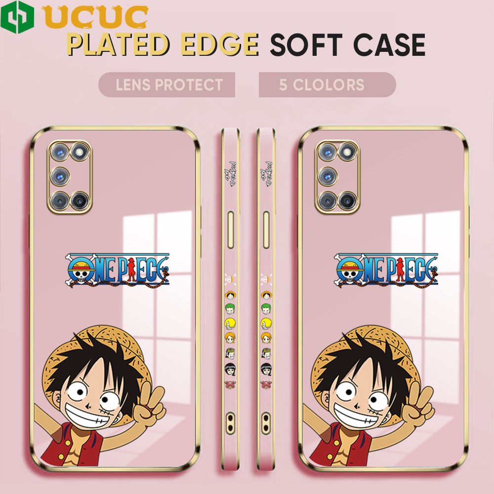 UCUC for OPPO A52 / A92 Back Cover + Free Lanyard Wave Luffy Luxury 6D Plating Case Side Pattern Soft Silicone Square Phone Cases