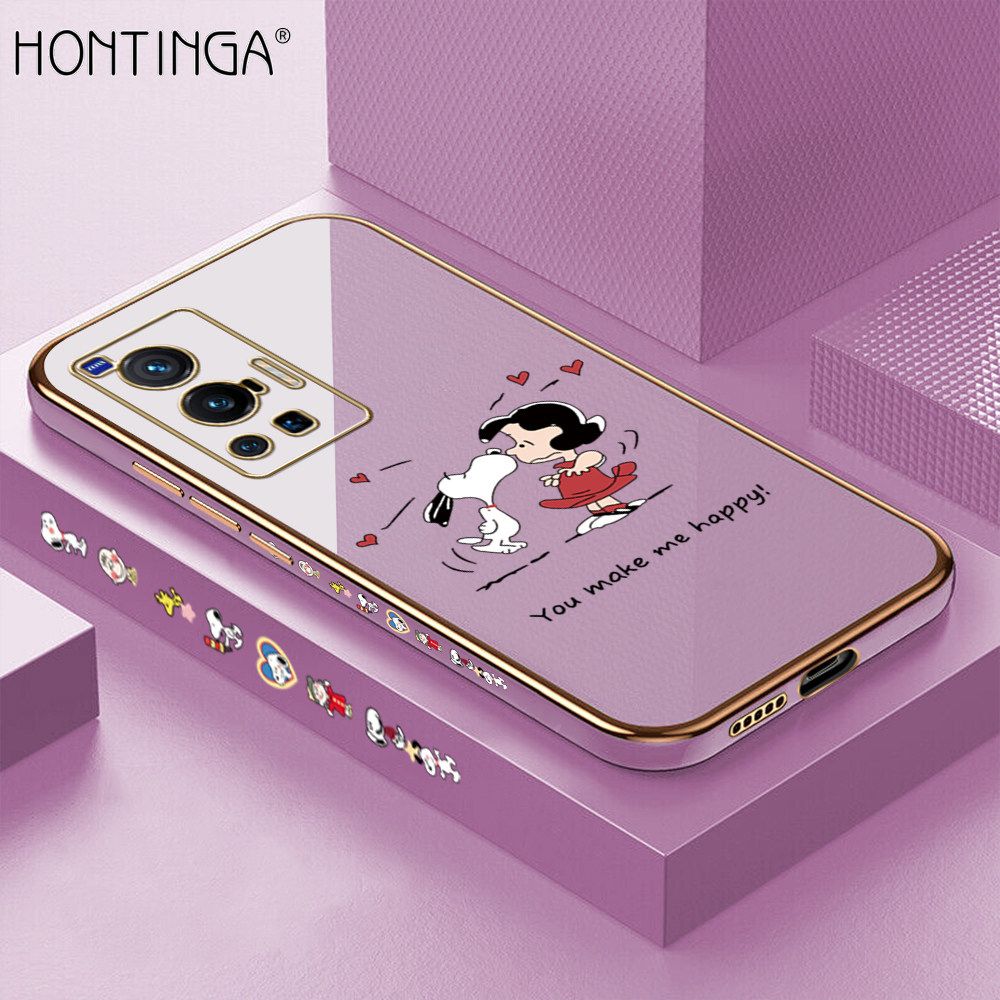 Hontinga for Vivo X70 Pro 5G Back Cover + Free Lanyard Luxury 6D Plating Happy Puppy and Girl Side Pattern Case Soft Silicone Square Mobile Cover