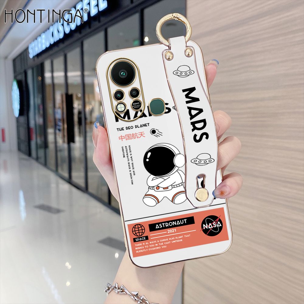 Hontinga for Infinix Hot 11S Back Cover With Wristband Luxury 6D Plating Cute Space Astronaut  Case Soft Silicone Square Phone Cases